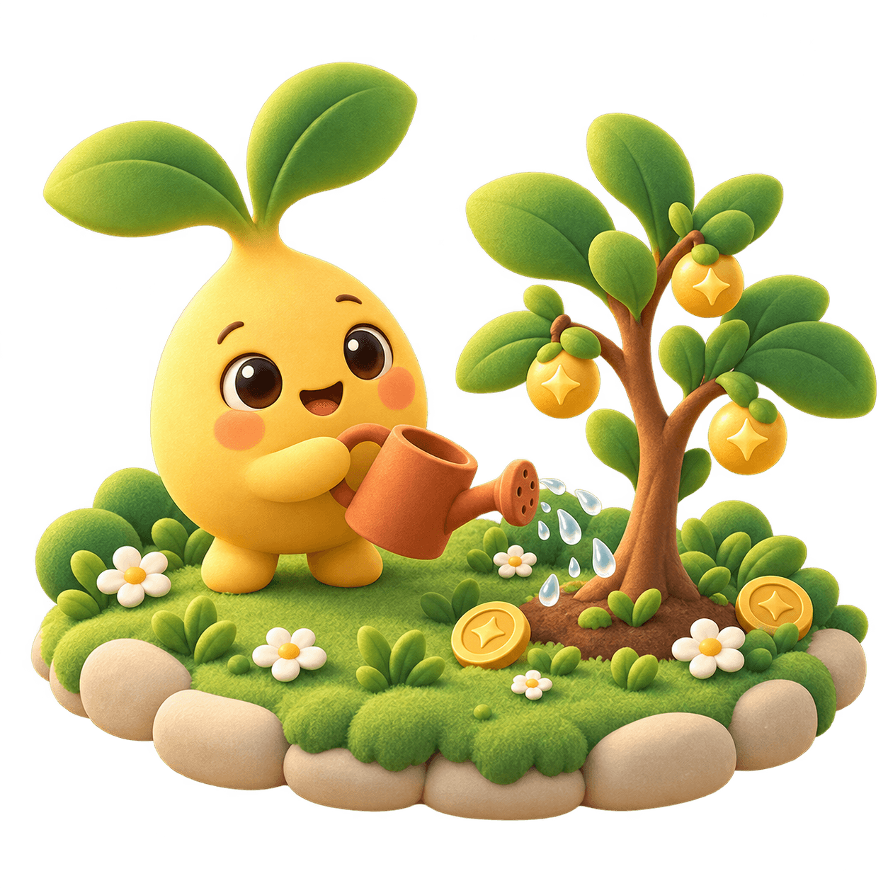 A tiny golden sprout tending a flourishing gratitude garden