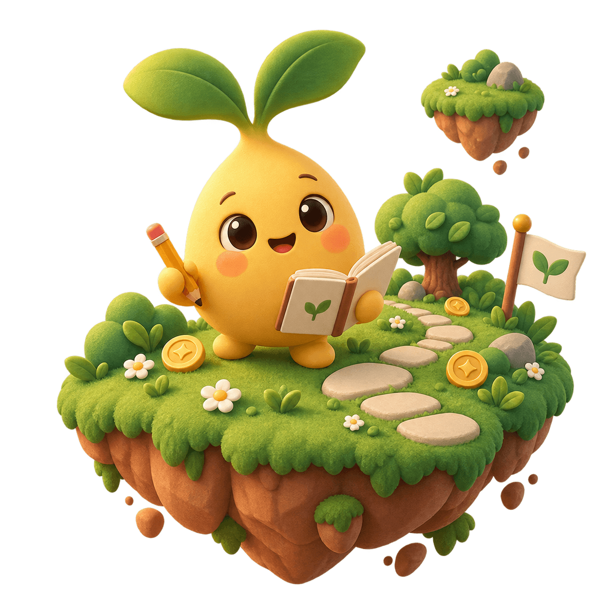 A cheerful golden sprout holding a gratitude journal on a little green floating island